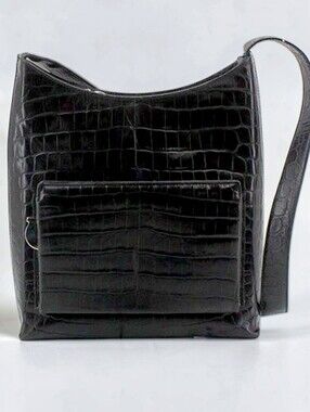 Salvatore Ferragamo Black Croc-Embossed Shoulder Bag Structured Leather